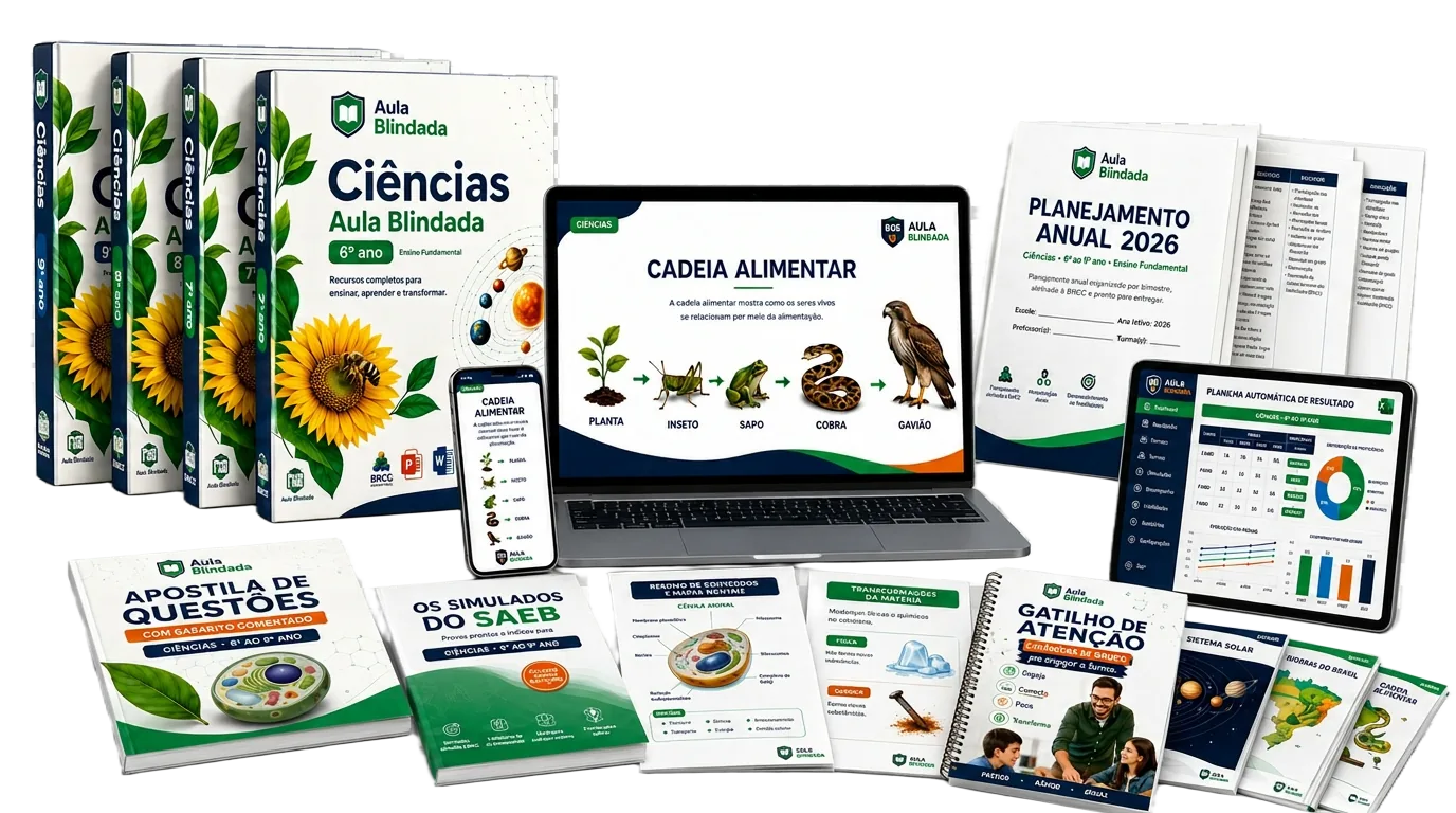 Mockup completo da coletânea Aula Blindada Ciências com livros, slides, planilhas, simulados e materiais extras